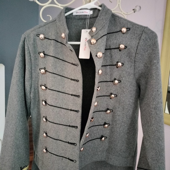 Dressy gray blazer with black rope detail and brass colored buttons and tails. - Picture 4 of 5
